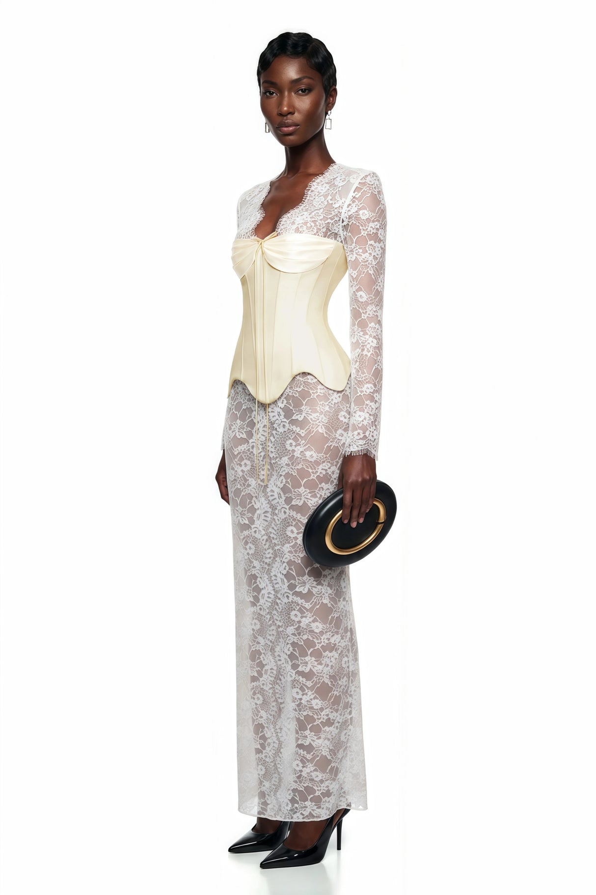 Renata White Ruched Top  Semi Sheer Lace Maxi Dress Set