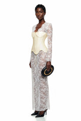 Renata White Ruched Top  Semi Sheer Lace Maxi Dress Set