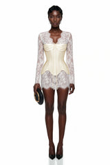 Renata White Ruched Top  Semi Sheer Lace Mini Dress Set