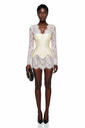 Renata White Ruched Top  Semi Sheer Lace Mini Dress Set
