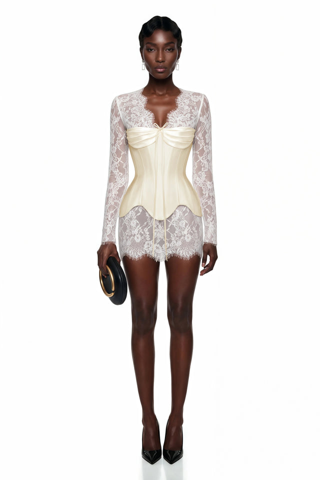 Renata White Ruched Top  Semi Sheer Lace Mini Dress Set