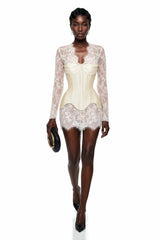 Renata White Ruched Top  Semi Sheer Lace Mini Dress Set
