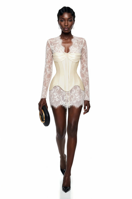 Leslie Mini Dress White Ruched Top & Semi Sheer Lace Set