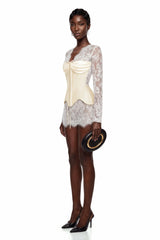 Renata White Ruched Top  Semi Sheer Lace Mini Dress Set