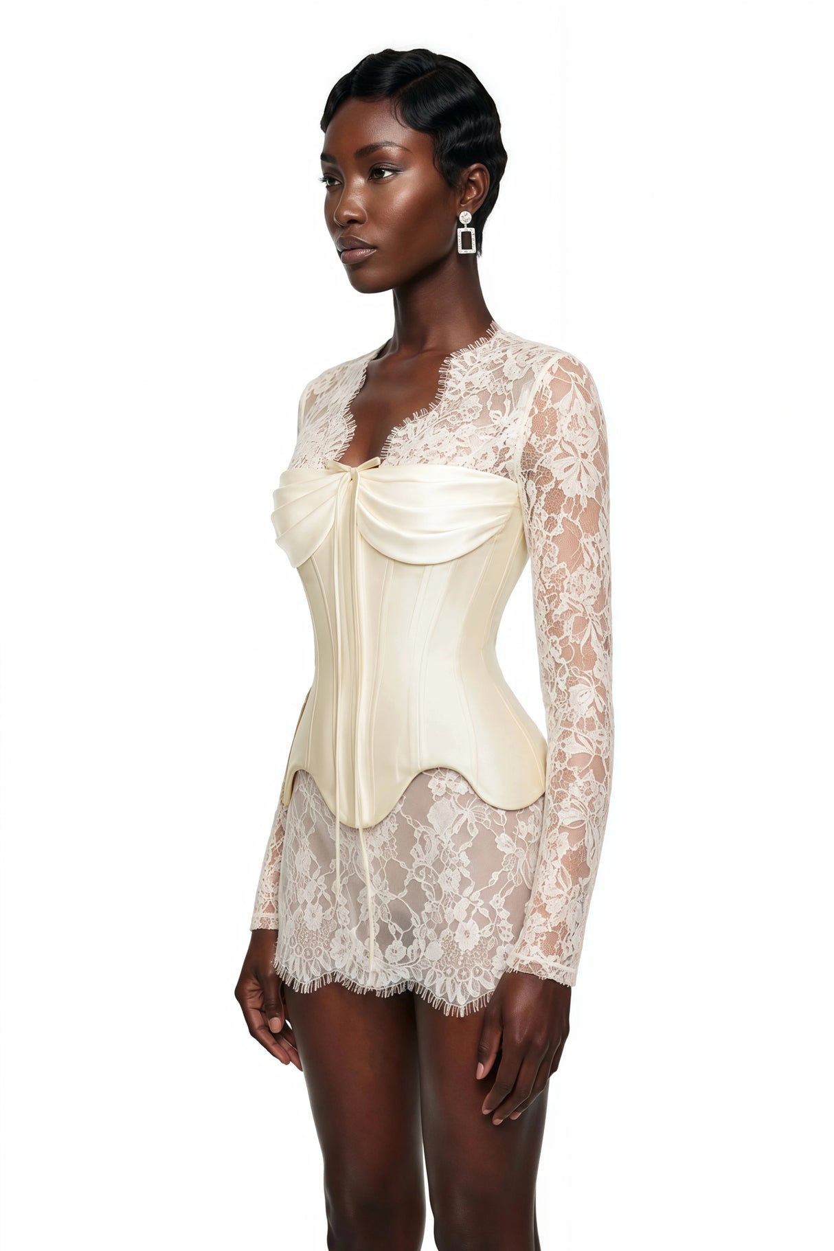 Renata White Ruched Top  Semi Sheer Lace Mini Dress Set