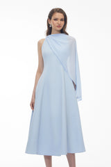 Renee Baby Blue Sleeveless Midi Dress with Draped Cape