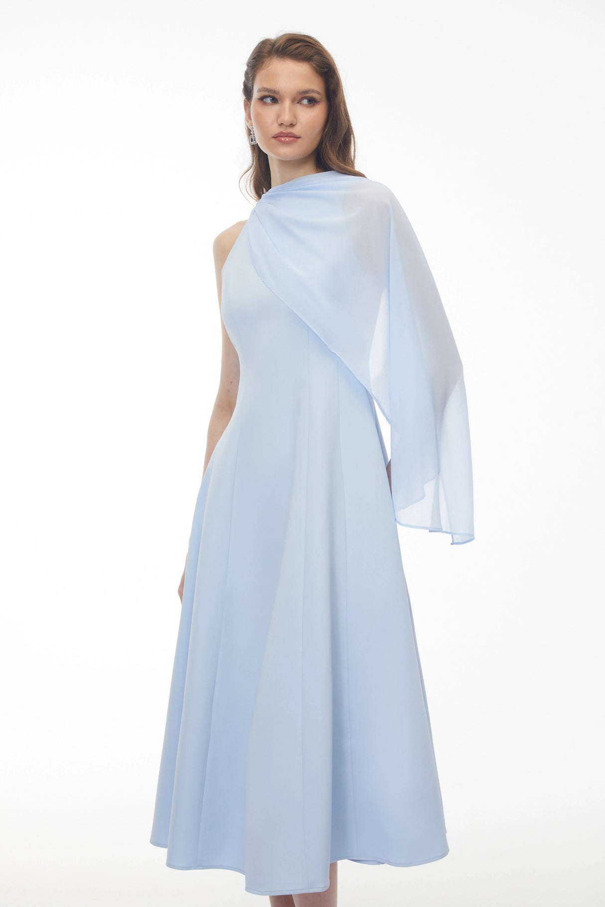 Renee Baby Blue Sleeveless Midi Dress with Draped Cape