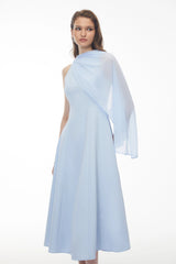 Renee Baby Blue Sleeveless Midi Dress with Draped Cape