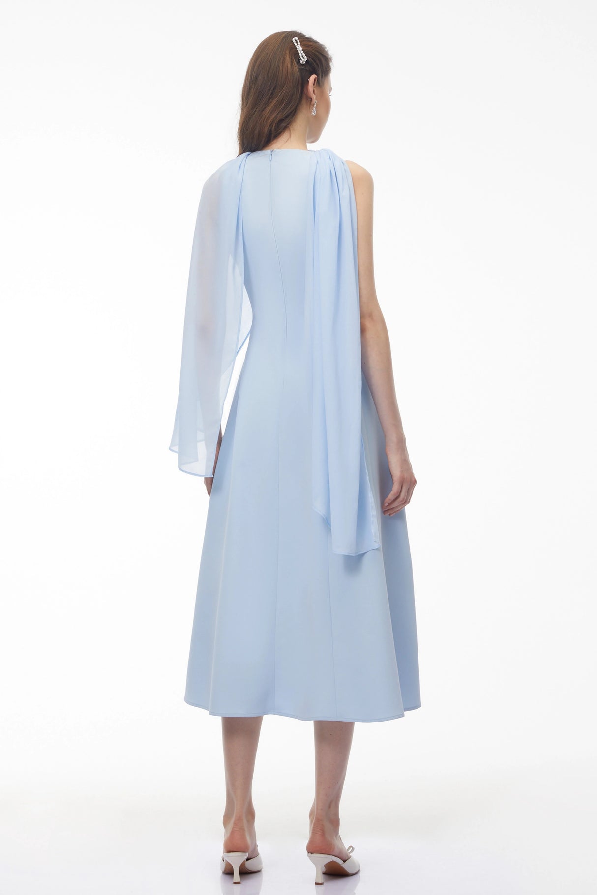 Renee Baby Blue Sleeveless Midi Dress with Draped Cape