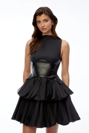 Renee Black Tiered Mini Dress with Faux Leather Bodice