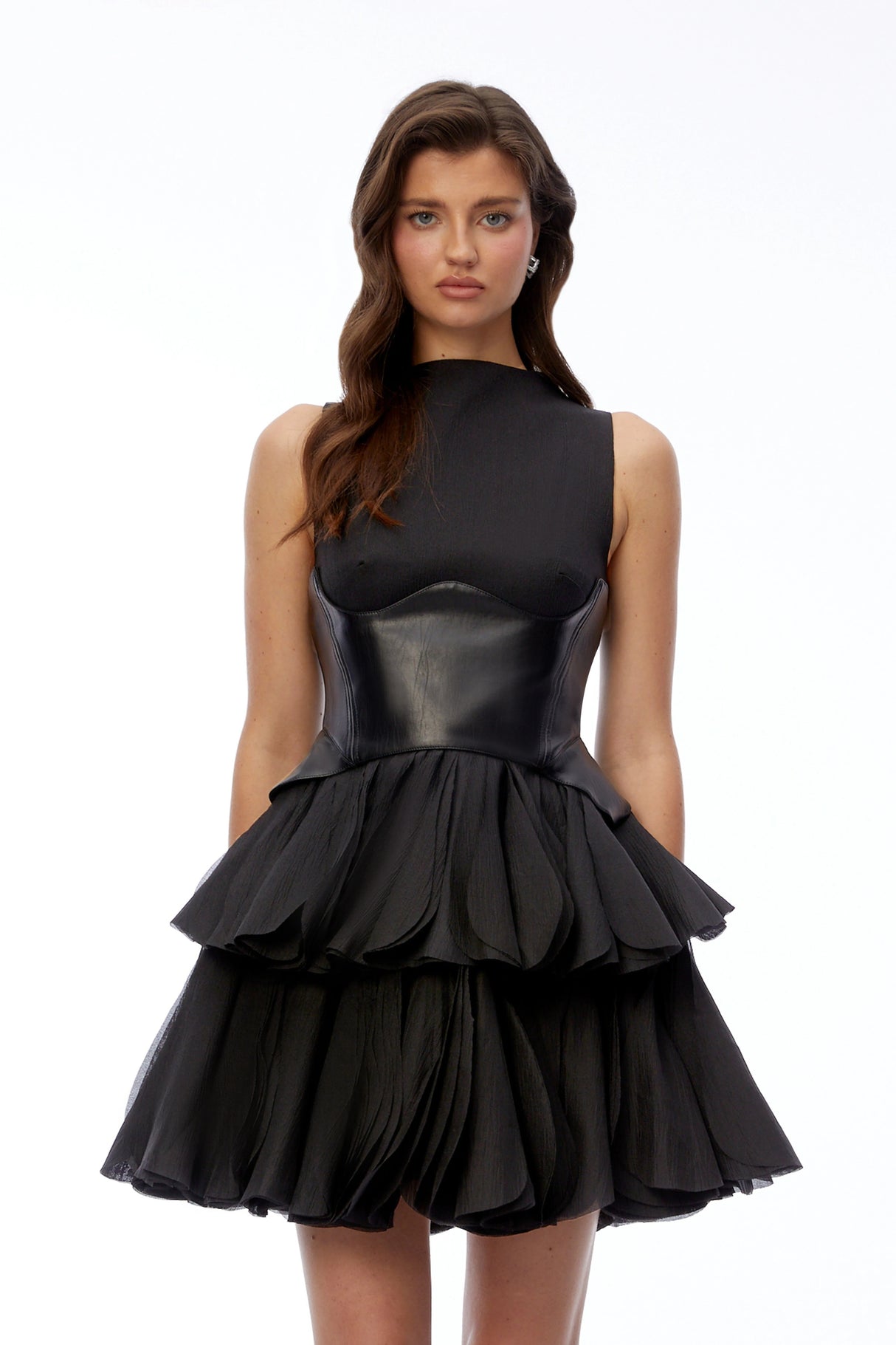 Renee Black Tiered Mini Dress with Faux Leather Bodice
