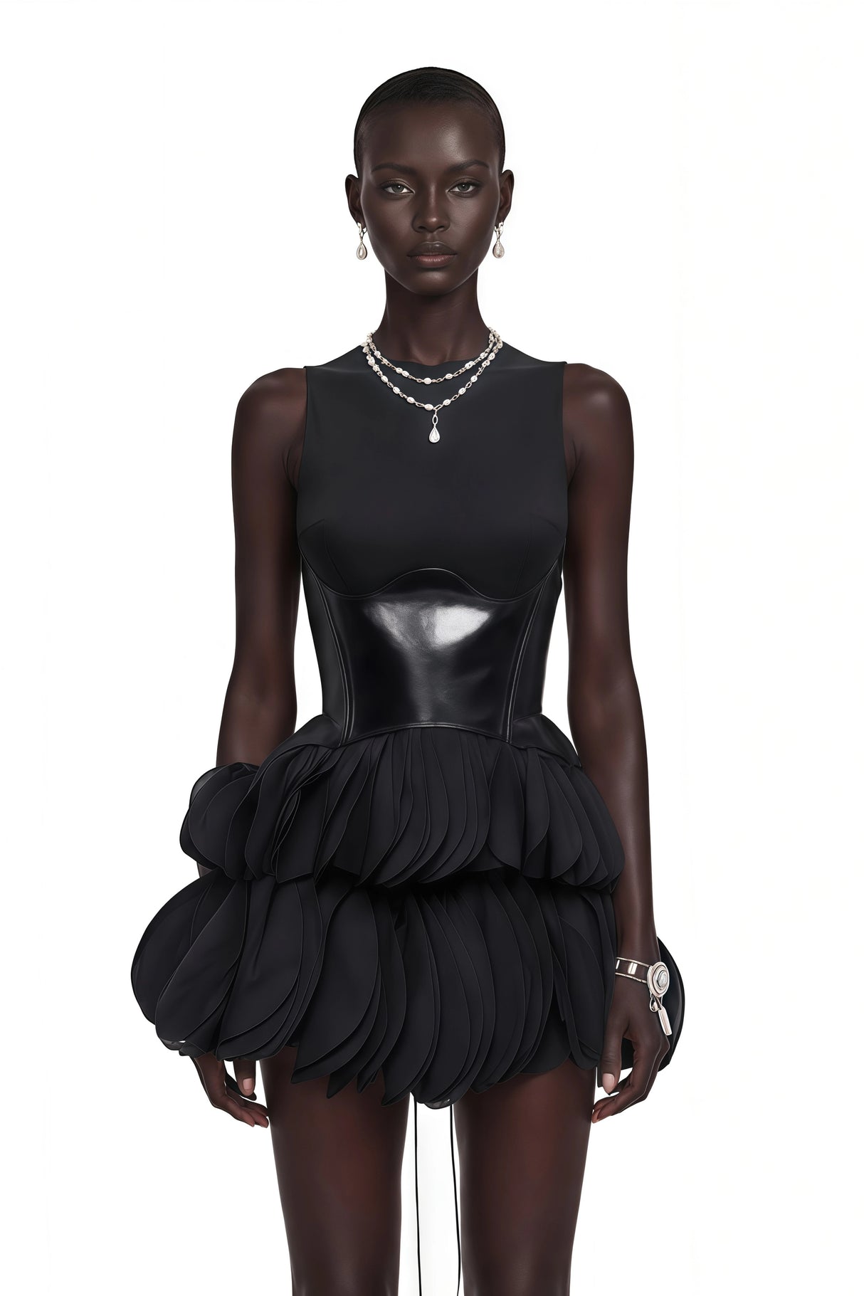 Renee Black Tiered Mini Dress with Faux Leather Bodice