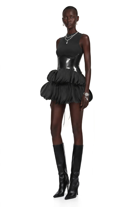Mackenzie Mini Dress Black Tiered with Faux Leather Bodice