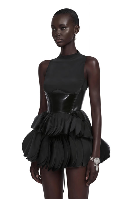 Mackenzie Mini Dress Black Tiered with Faux Leather Bodice