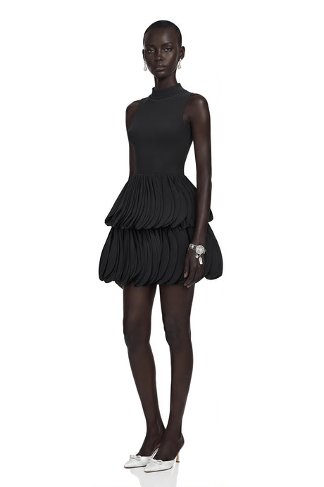 Mackenzie Mini Dress Black Tiered with Faux Leather Bodice
