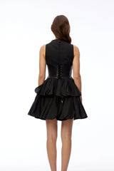 Renee Black Tiered Mini Dress with Faux Leather Bodice