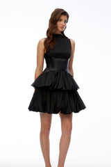 Renee Black Tiered Mini Dress with Faux Leather Bodice
