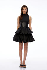 Renee Black Tiered Mini Dress with Faux Leather Bodice