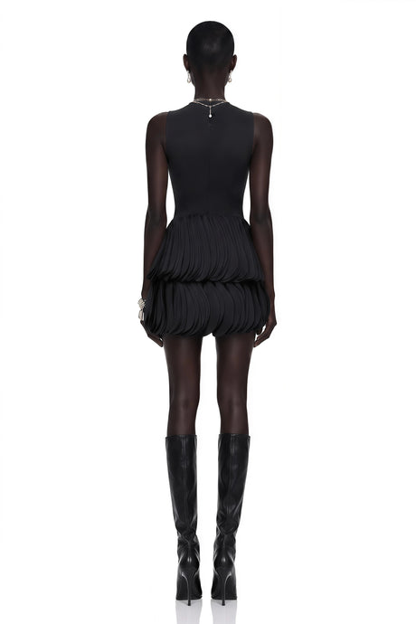Mackenzie Mini Dress Black Tiered with Faux Leather Bodice