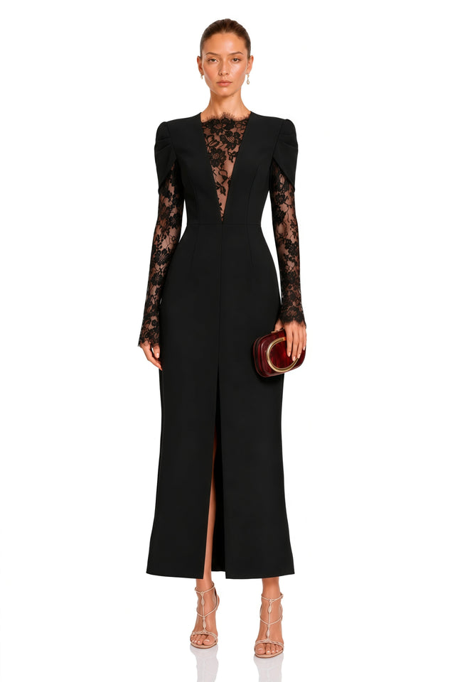 Rhea Black High Slit Lace Panel Midi Dress