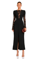 Rhea Black High Slit Lace Panel Midi Dress