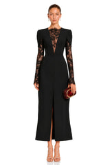 Rhea Black High Slit Lace Panel Midi Dress