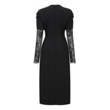 Rhea Black High Slit Lace Panel Midi Dress