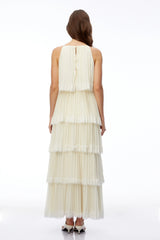 Rhea Cream Pleated Maxi Dress with Lace Trim