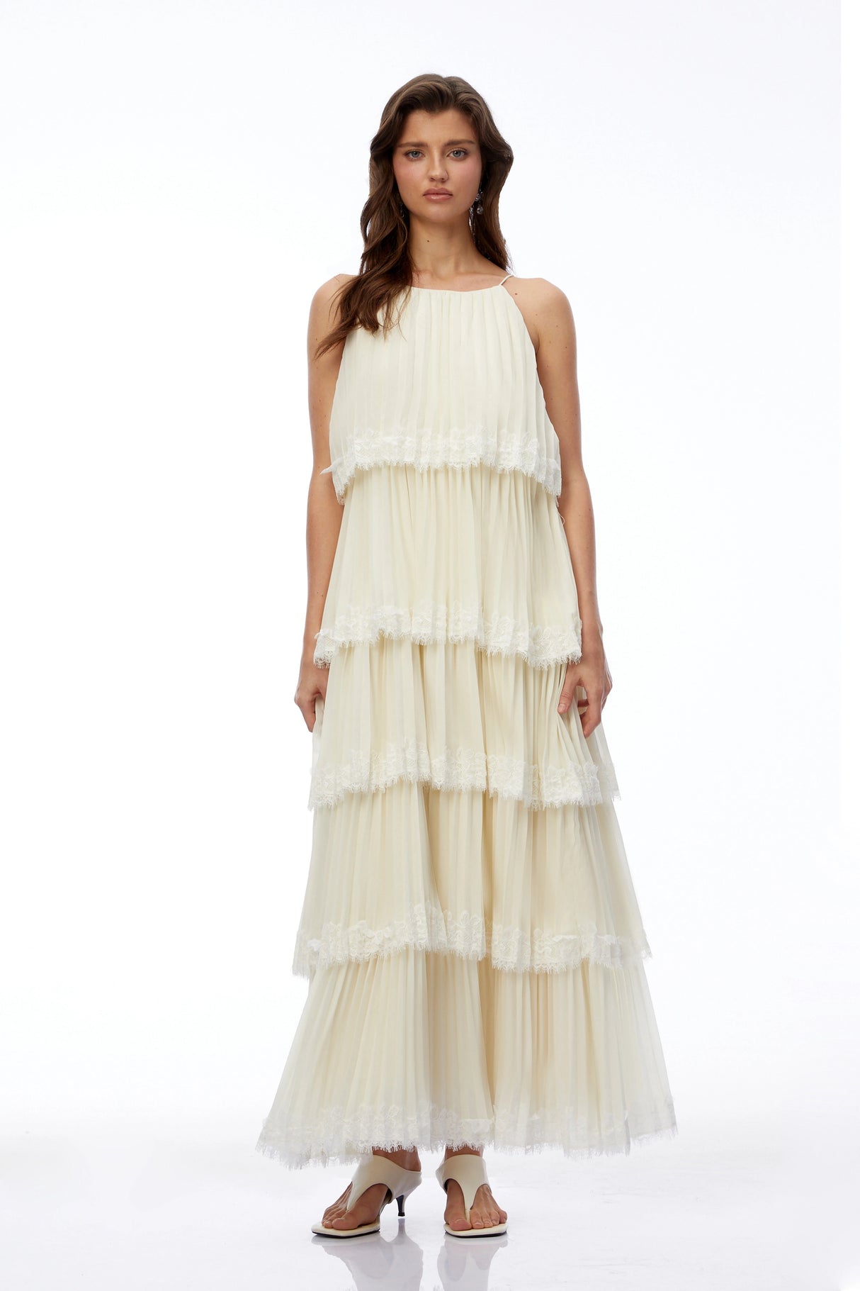 Rhea Cream Pleated Maxi Dress with Lace Trim