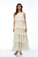 Rhea Cream Pleated Maxi Dress with Lace Trim