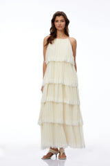 Rhea Cream Pleated Maxi Dress with Lace Trim