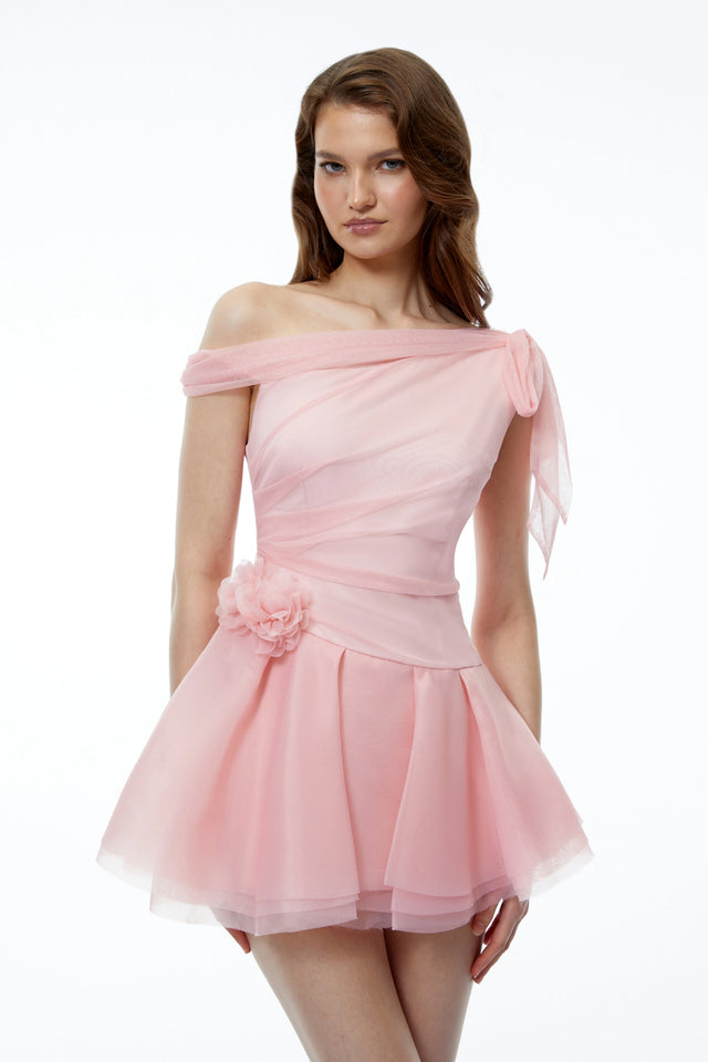 Rhea Pink One Shoulder Tulle Ruffled Mini Dress