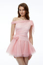 Rhea Pink One Shoulder Tulle Ruffled Mini Dress