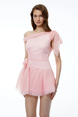 Rhea Pink One Shoulder Tulle Ruffled Mini Dress