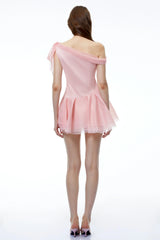 Rhea Pink One Shoulder Tulle Ruffled Mini Dress