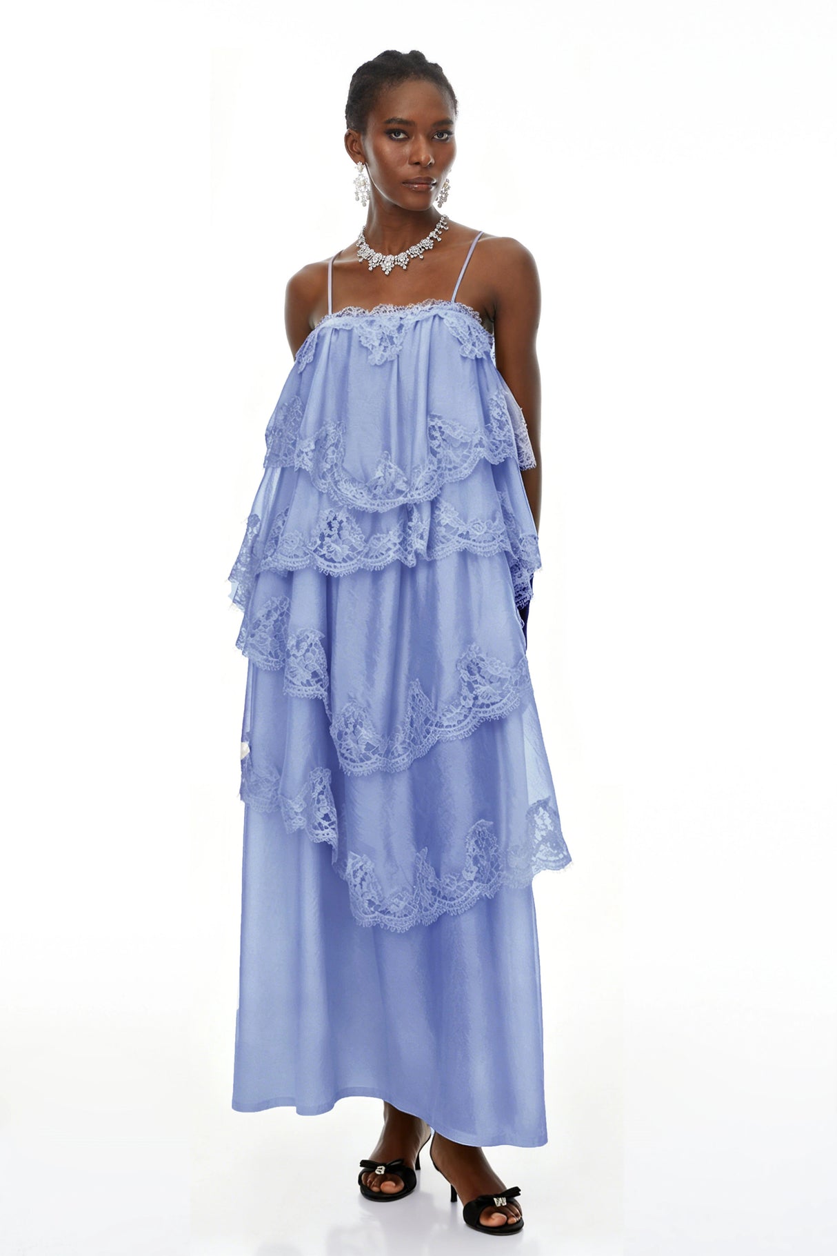 Rhema Blue Tiered Maxi Dress with Lace Trim