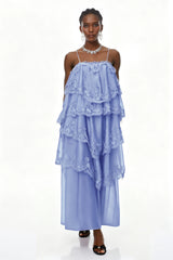 Rhema Blue Tiered Maxi Dress with Lace Trim