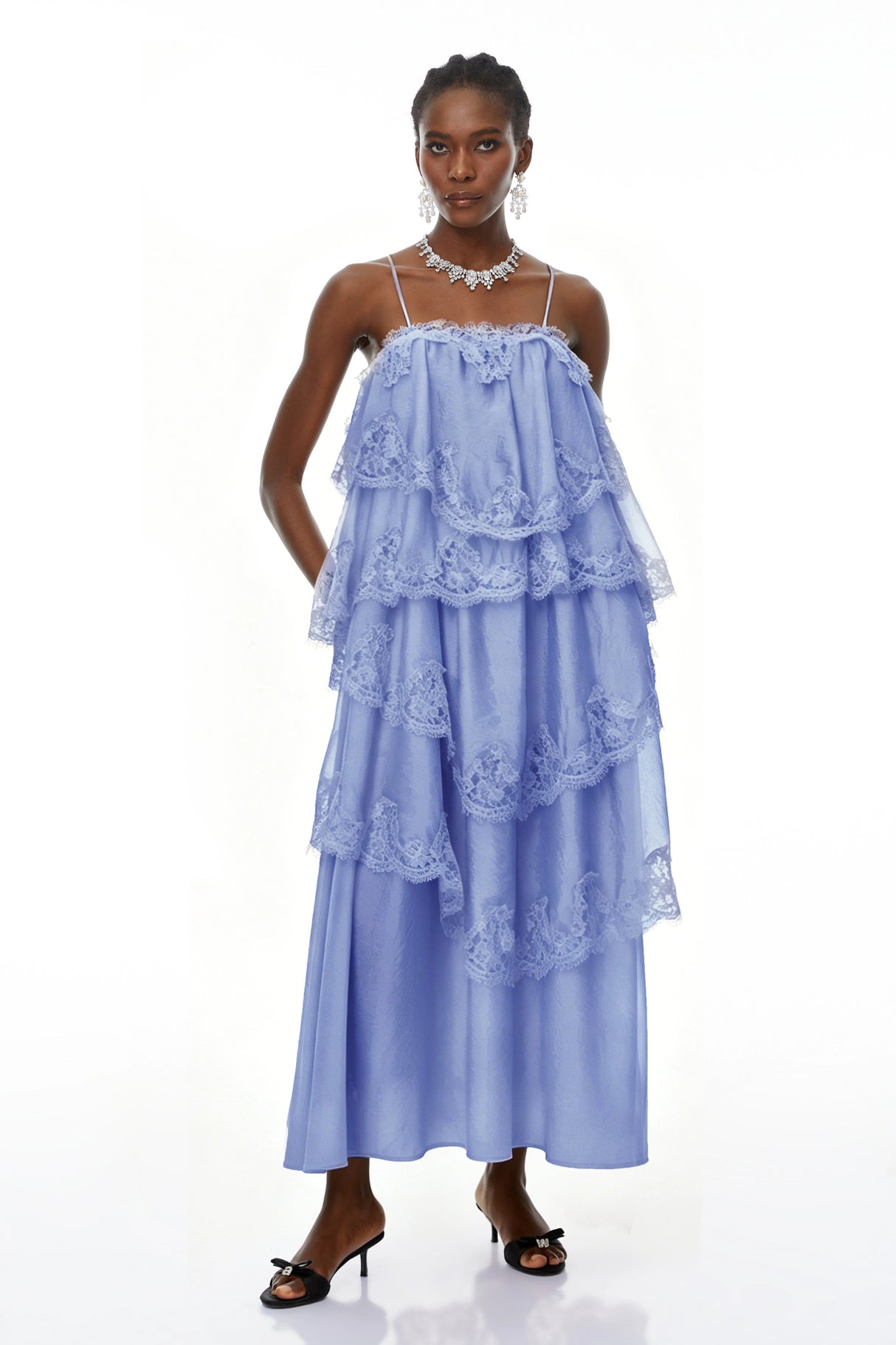 Rhema Blue Tiered Maxi Dress with Lace Trim
