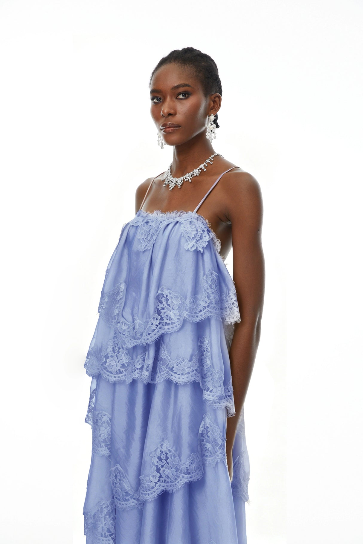 Rhema Blue Tiered Maxi Dress with Lace Trim