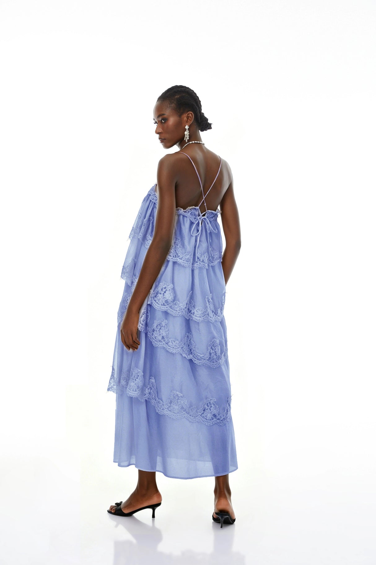 Rhema Blue Tiered Maxi Dress with Lace Trim