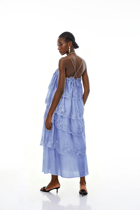 Domenica Maxi Dress Blue Tiered with Lace Trim