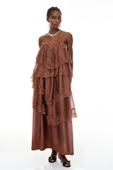 Rhema Chocolate Brown Tiered Maxi Dress with Lace Trim