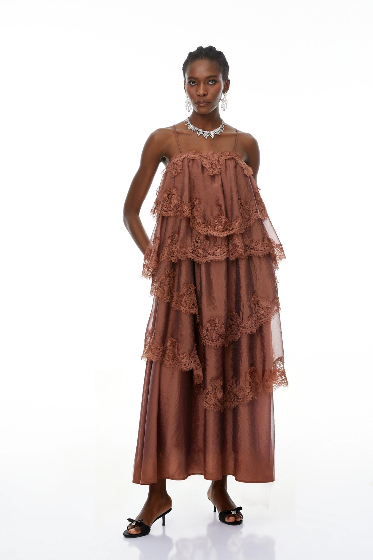 Rhema Chocolate Brown Tiered Maxi Dress with Lace Trim