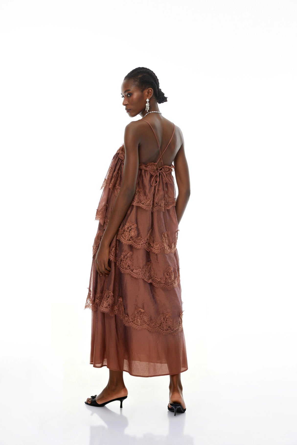 Rhema Chocolate Brown Tiered Maxi Dress with Lace Trim