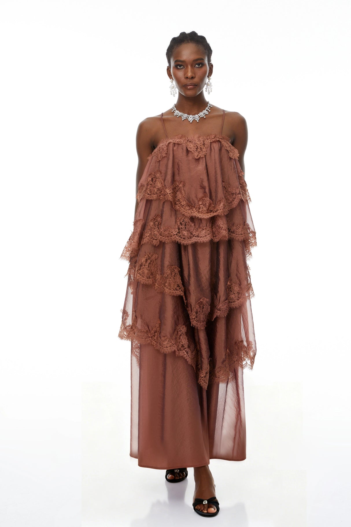 Rhema Chocolate Brown Tiered Maxi Dress with Lace Trim