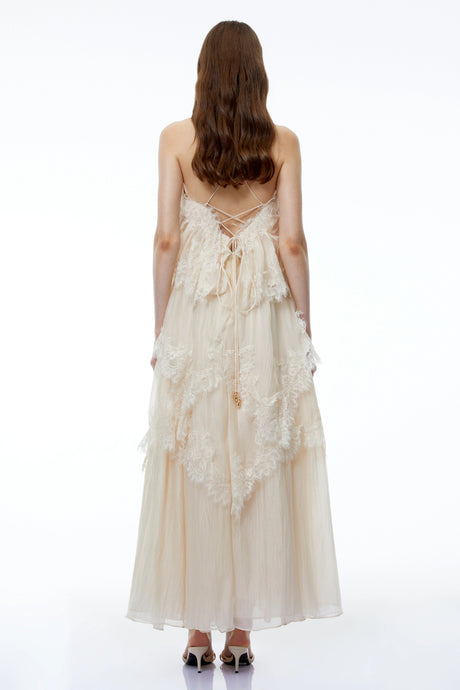 Angela Maxi Dress Cream White Tiered with Lace Trim