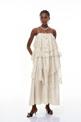 Rhema Cream White Tiered Maxi Dress with Lace Trim
