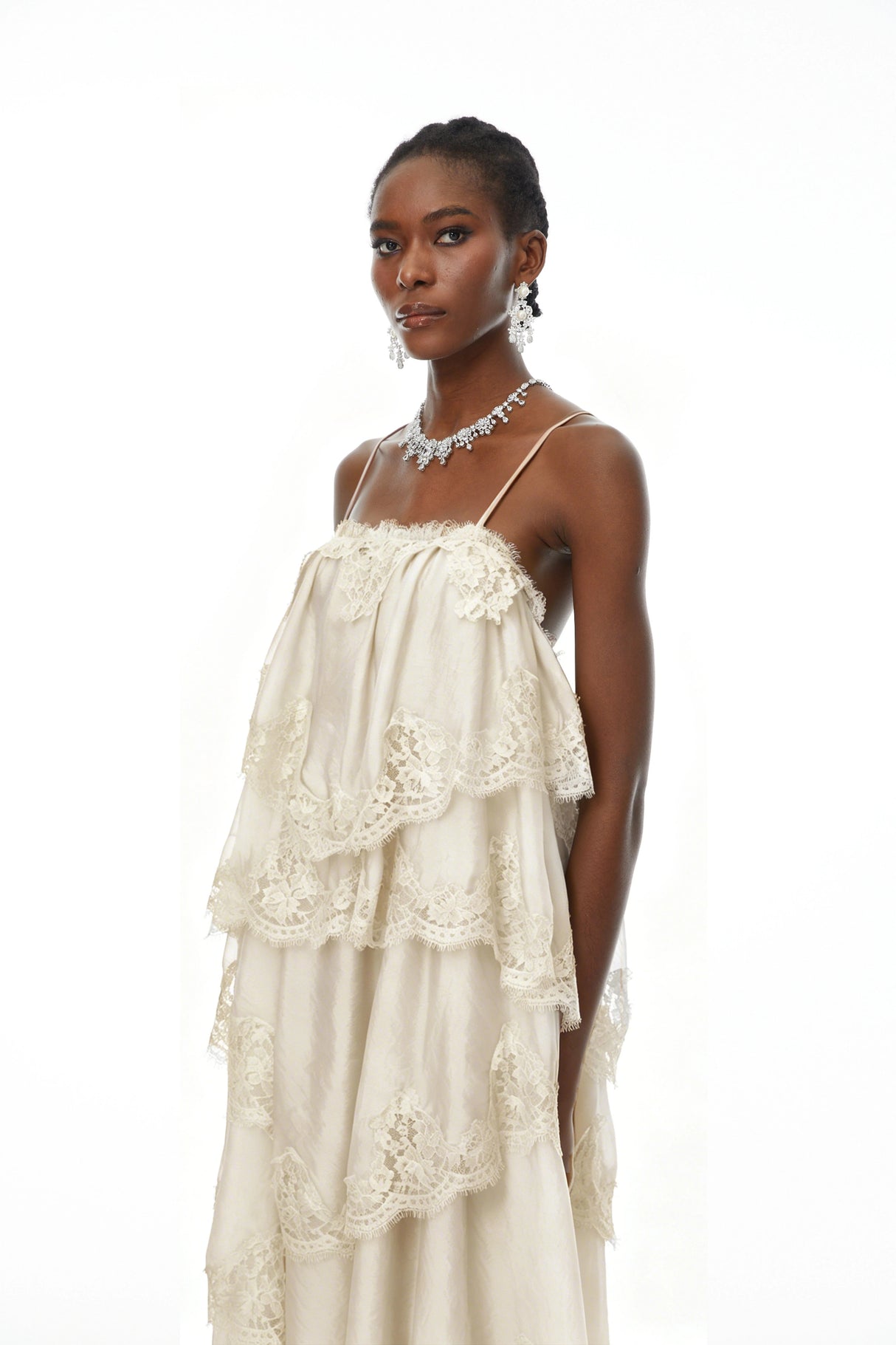 Rhema Cream White Tiered Maxi Dress with Lace Trim