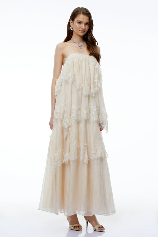 Rhema Cream White Tiered Maxi Dress with Lace Trim