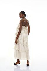 Rhema Cream White Tiered Maxi Dress with Lace Trim